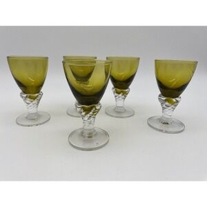 Midcentury Hand Blown Avocado and Clear‎ Cordial Glasses Set of 5